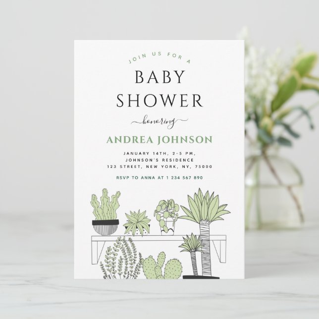 Green Potted Plants Plant Lover Baby Shower Invitation (Standing Front)