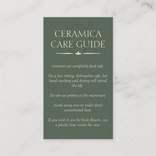 Green Pottery Vase Ceramic Caring Instruction Business Card