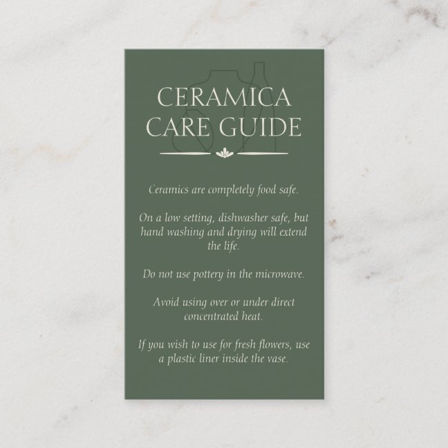 Green Pottery Vase Ceramic Caring Instruction Business Card