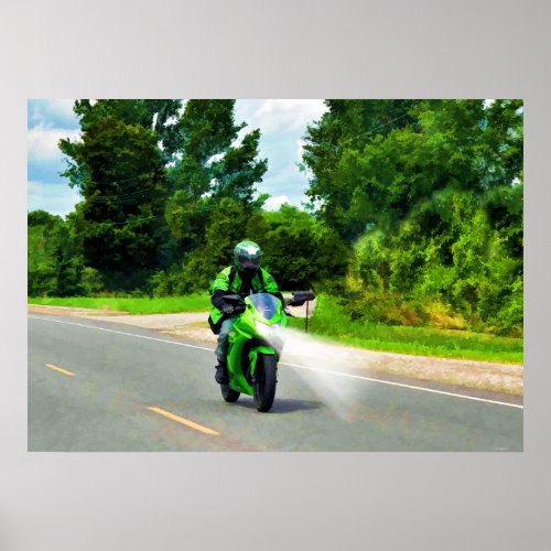 Green Powerbike Highway Riding Art Poster