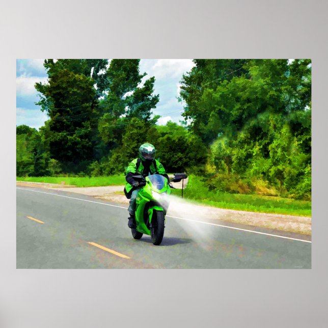 Green Powerbike Highway Riding Art Poster (Front)