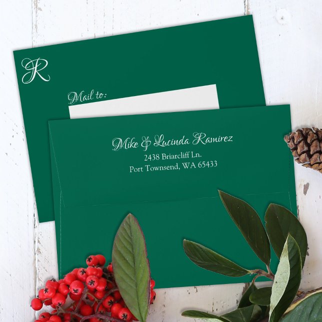 Green Pre-addressed 5x7 Monogram Quinceanera Envelope (Hunter green, forest green 5x7 wedding invitation envelope with address printed on back flap)