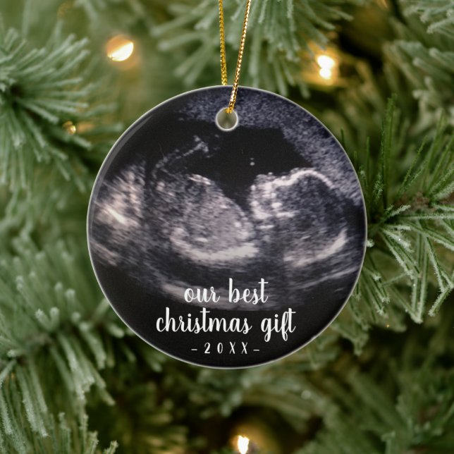 Green Pregnancy Reveal Ultrasound Photo Christmas Ceramic Ornament (Tree)