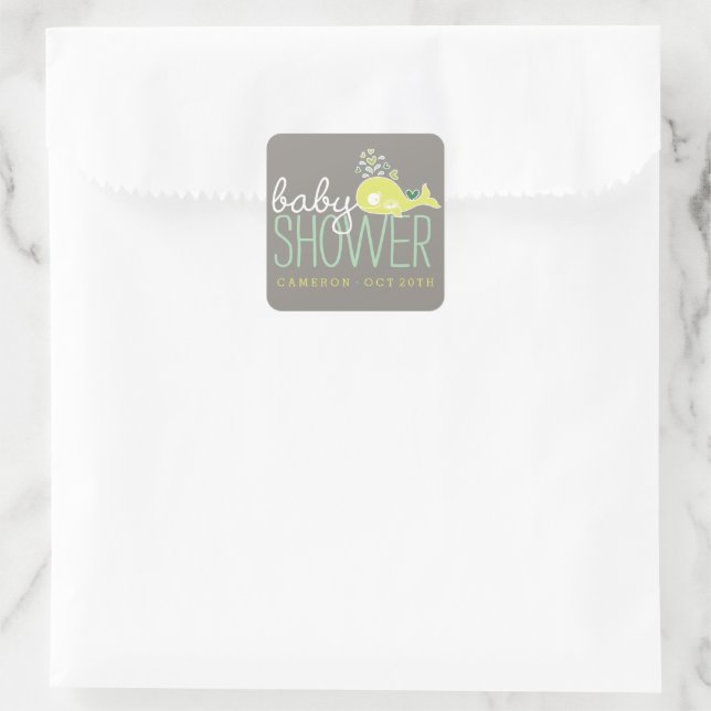 Green Pregnant Mommy Whale With Twins Baby Shower Square Sticker (Bag)