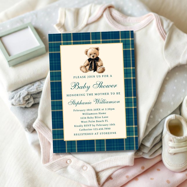 Green Preppy Plaid Vintage Teddy Bear Baby Shower Invitation (Creator Uploaded)