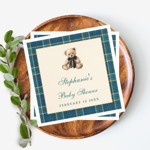 Green Preppy Plaid Vintage Teddy Bear Baby Shower Napkins