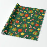 Green Presents Candy Cane Ornaments Wrapping Paper