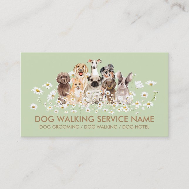 Green Pretty Dogs in Daisies Business Card (Front)