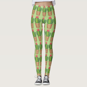Green Prickly Cactus Potted Plant Flower Leggings