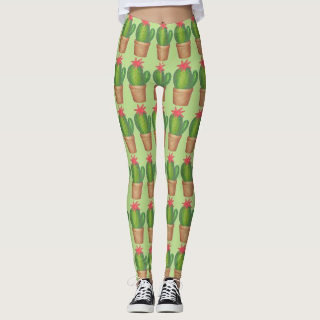 Green Prickly Cactus Potted Plant Flower Leggings (Front)