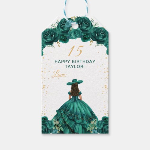 Green Princess Charro Quinceaera Happy Birthday Gift Tags