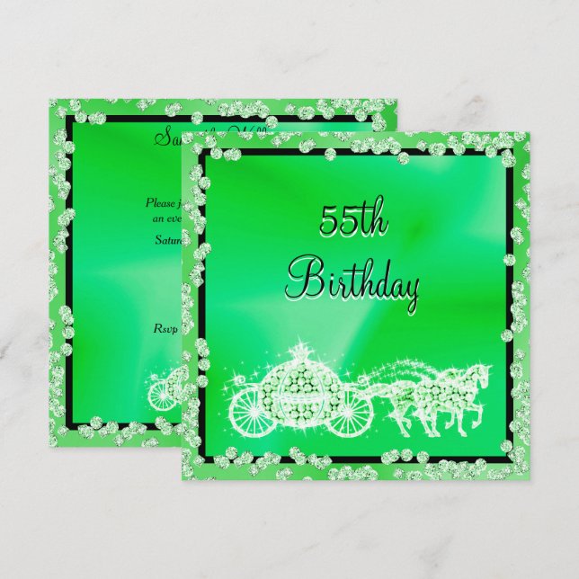 Green Princess Coach & Horses 55th Birthday Invitation (Front/Back)