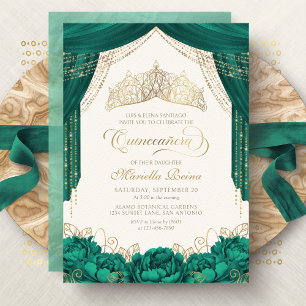 Green Princess Crown Floral Quinceanera Invitation