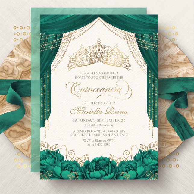 Green Princess Crown Floral Quinceanera Invitation (Creator Uploaded)