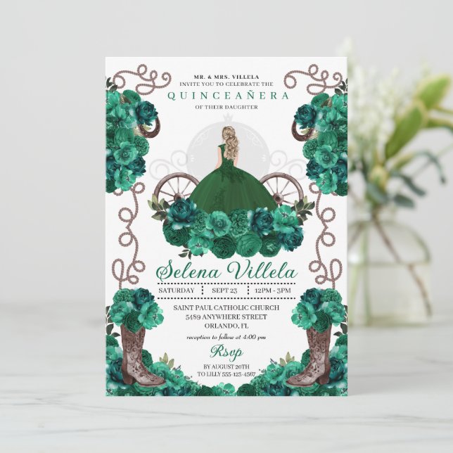 Green Princess Dress & Boots Quinceañera Invitation (Standing Front)