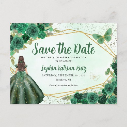 Green Princess Floral Quinceaera Save the Date Postcard
