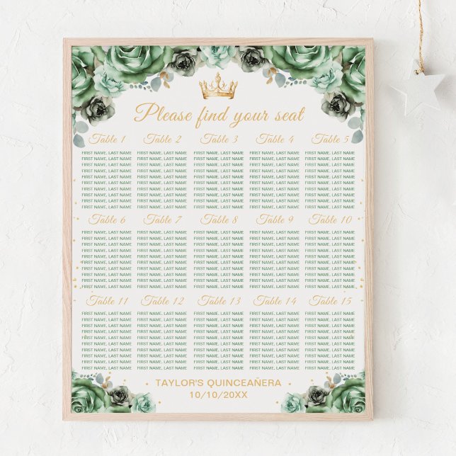 Green Princess Quinceañera 15 Tables Seating Chart (Creator Uploaded)