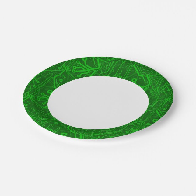 Green Printed Circuit Board Pattern Paper Plates (Angled)