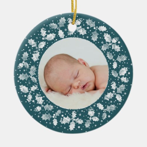 Green Printed Holly Babys First Christmas Photo Ceramic Ornament