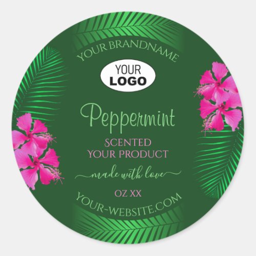 Green Product Labels Pink Flowers Palm Leaves Logo