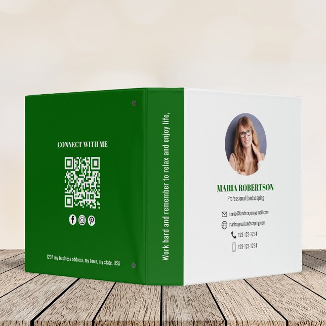 Green Professional Photo Business QR Code  3 Ring Binder (Business QR code binder with a green and white color theme. )
