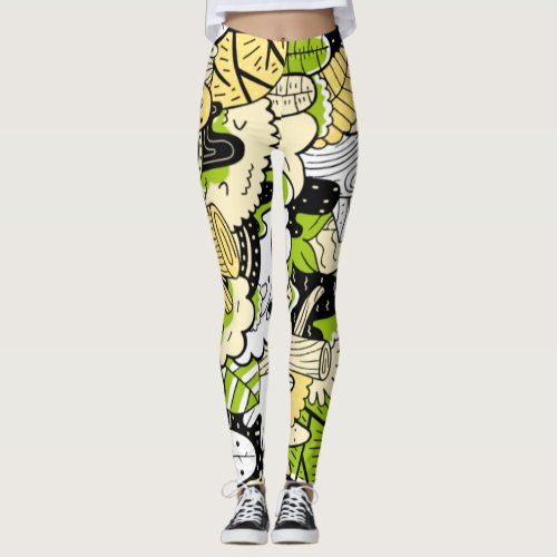 Green Psychedelic Kawaii Forest Leaf Funny Cool  Leggings