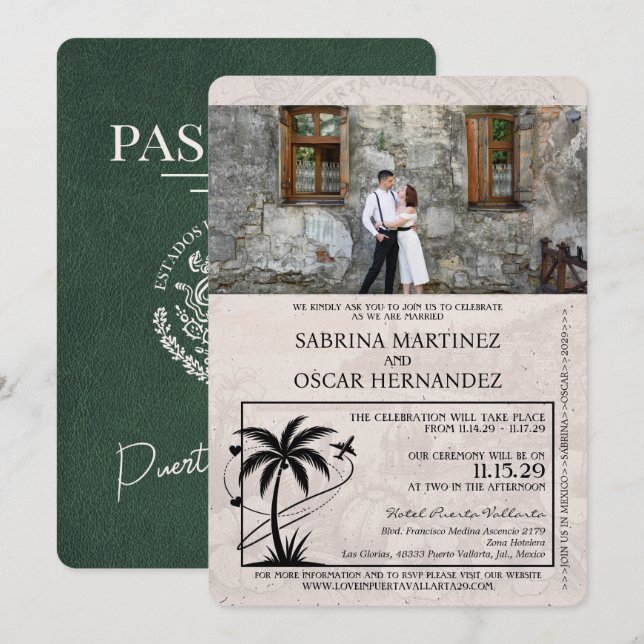 Green Puerta Vallarta Passport Wedding Invitation (Front/Back)