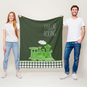 Green puffing steam train whimsy graphic fleece blanket