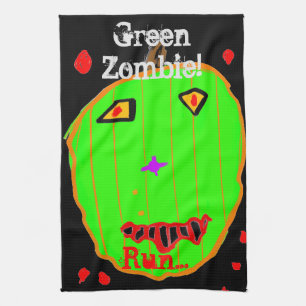 Green Pumpkin Zombie Run Halloween Kitchen Towels