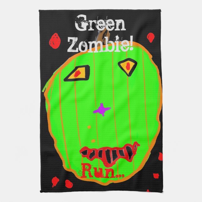 Green Pumpkin Zombie Run Halloween Kitchen Towels (Vertical)