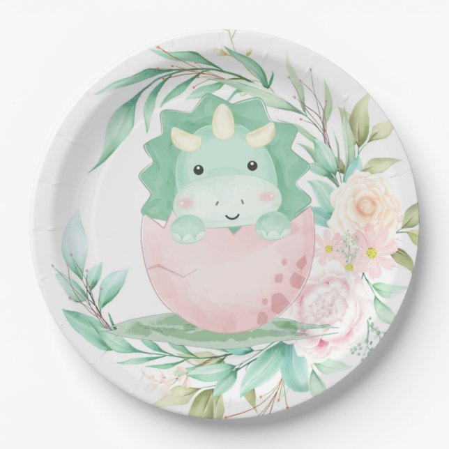 Green Punk Cute Dinosaur Peony Baby Shower  Paper Plates (Front)