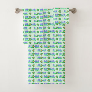 Green Purple Aloha Hawaiian Tropical Turtle Bath Towel Set