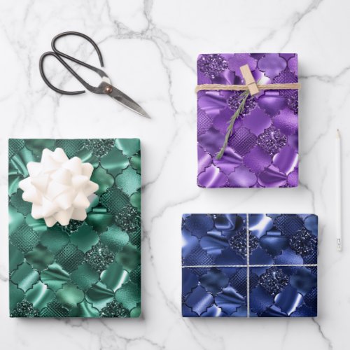 Green Purple and Navy Blue Moroccan Quatrefoil Wrapping Paper Sheets