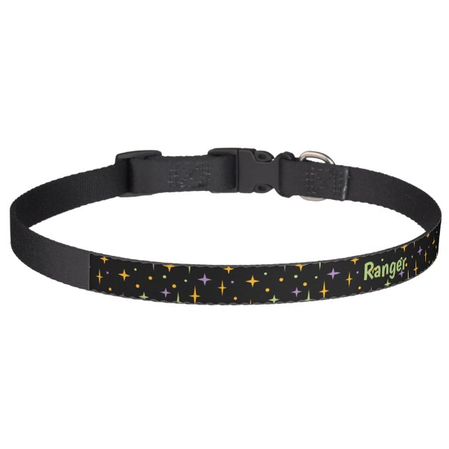 Green, purple and orange Sparkles on Black Pet Collar (Front)