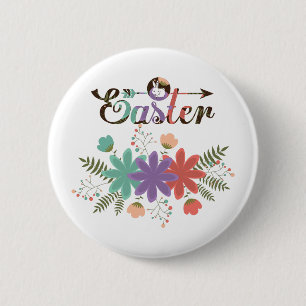 Green Purple And Red Flowers With Bunny Pinback Button