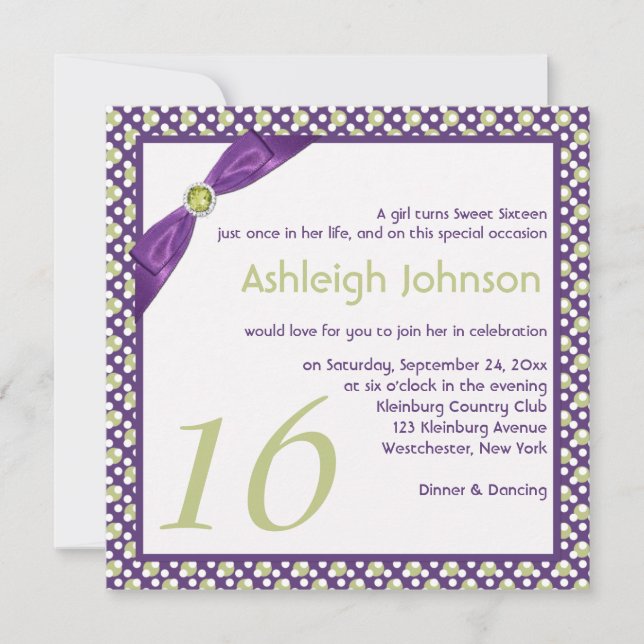 Green, Purple, and White Polka Dot Sweet 16 Invitation (Front)