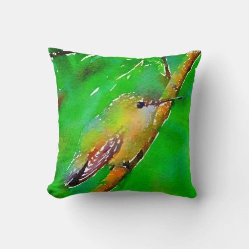 Green purple  and yellow hummingbird flowers throw pillow