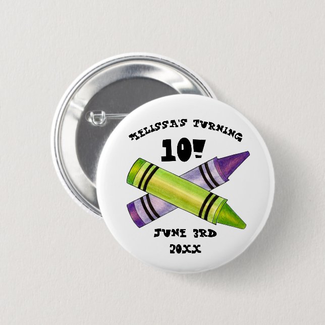 Green Purple Artist Crayons Child Birthday Party Button (Front & Back)