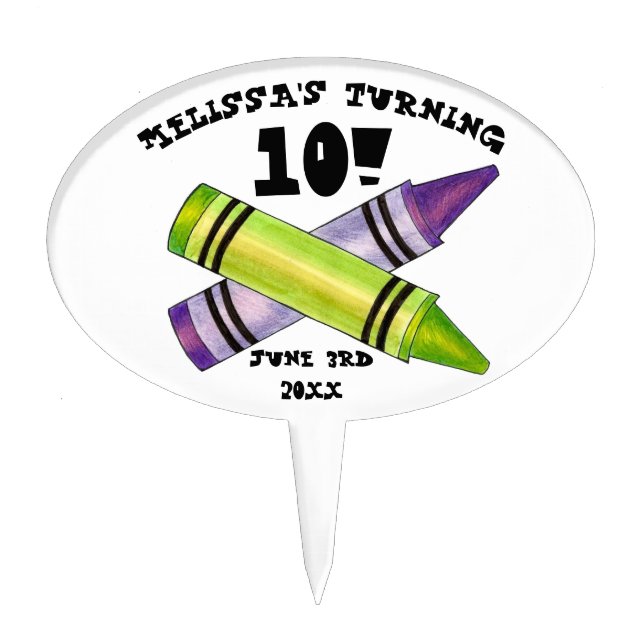 Green Purple Artist Crayons Child Birthday Party Cake Topper (Front)