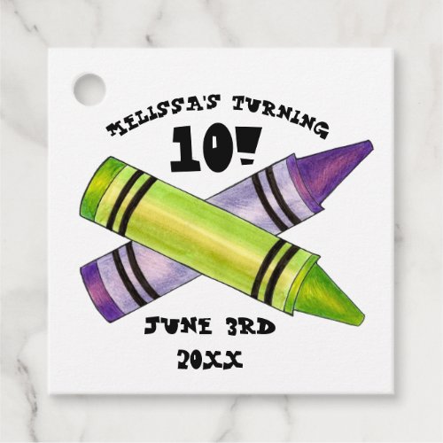 Green Purple Artist Crayons Child Birthday Party Favor Tags