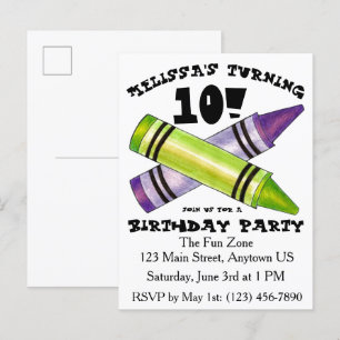 Green Purple Artist Crayons Child Birthday Party Invitation Postcard