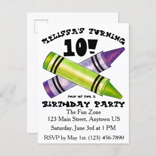 Green Purple Artist Crayons Child Birthday Party Invitation Postcard