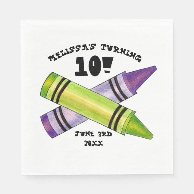 Green Purple Artist Crayons Child Birthday Party Napkins (Front)