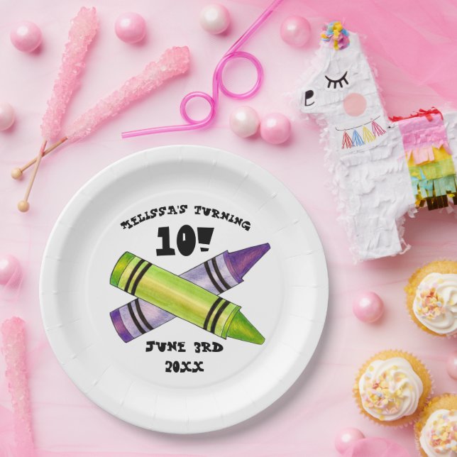 Green Purple Artist Crayons Child Birthday Party Paper Plates (Party)