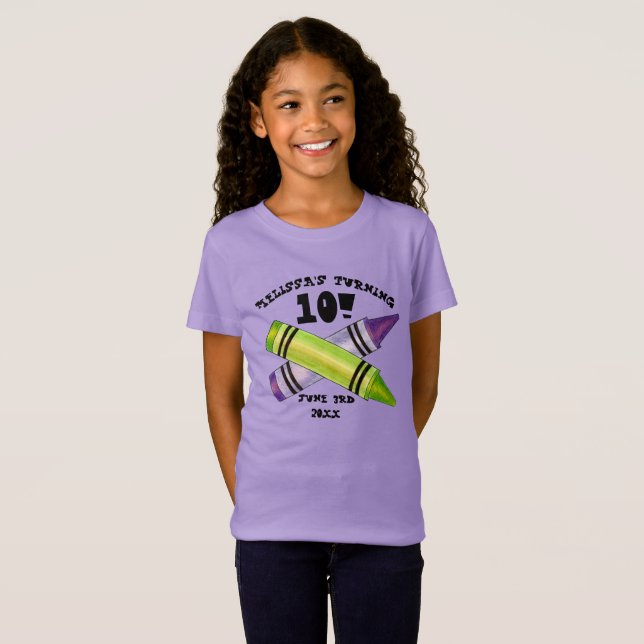 Green Purple Artist Crayons Child Birthday Party T-Shirt (Front Full)