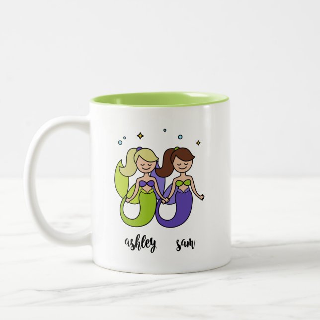 Green purple Ashley sam two Mermaid cute Friend Two-Tone Coffee Mug (Left)
