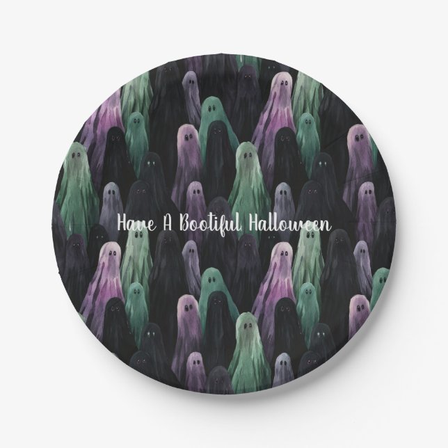 Green Purple Black Ghosts Bootiful Halloween Paper Plates (Front)