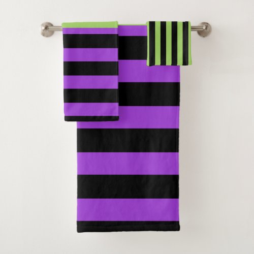 Green Purple  Black Halloween Stripe  Bath Towel Set