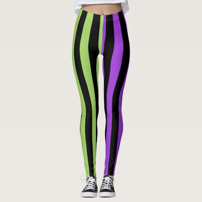 Green Purple & Black Halloween Stripe Leggings (Front)