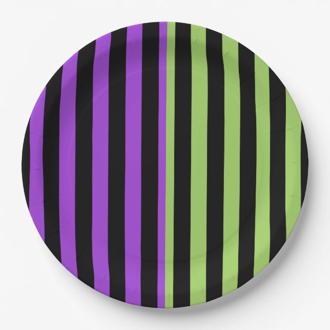 Green Purple & Black Halloween Stripe Party Paper Plates (Front)